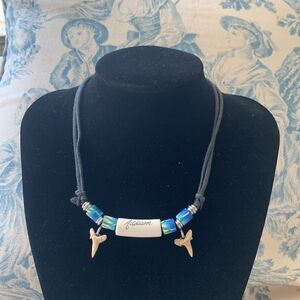 Vintage Handcrafted Shark teeth name choker, in Blue and Ivory, Unmarked